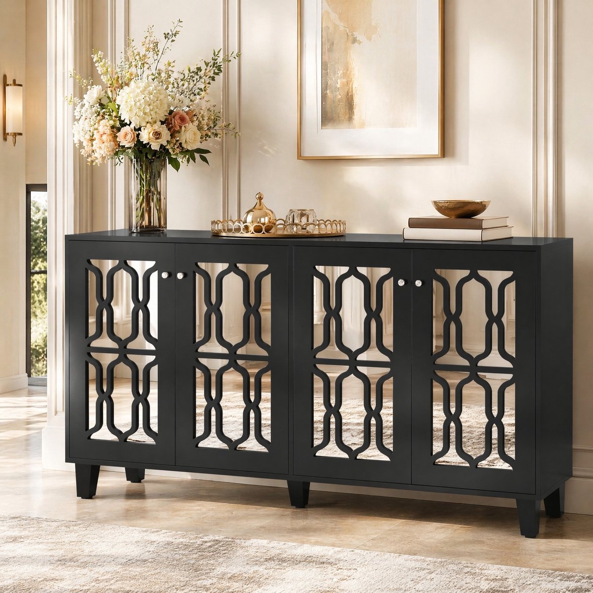 MEUNIQ Dressoir 160 x 40 x 84 cm met vier spiegelende deuren en verstelbare legplanken, zwart MDF op houten poten voor woonkamer of eetkamer
