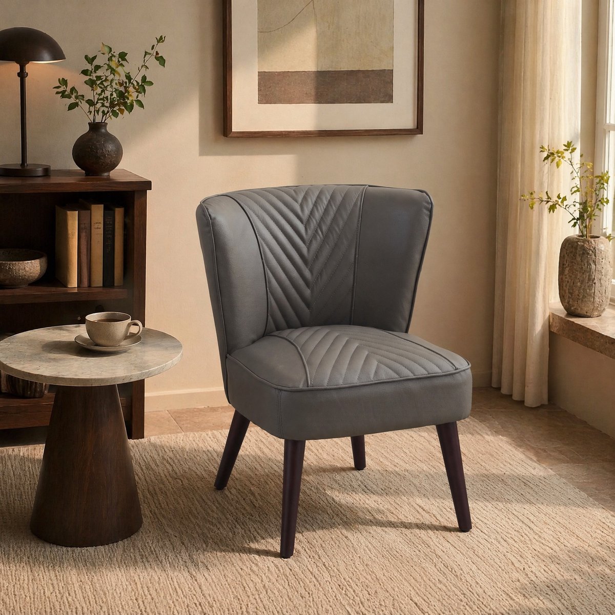 MEUNIQ Fauteuil van echt leer zonder armleuningen, 56 x 62 x 72 cm, diagonaal stikpatroon, houten poten, grijs, woonkamer en thuiskantoor