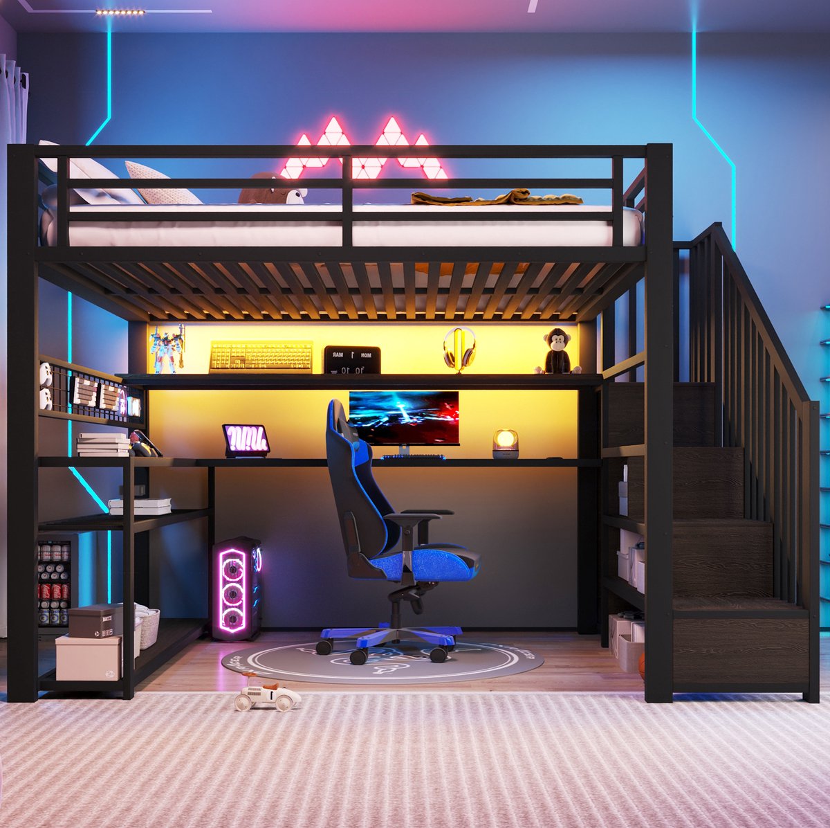 MODENUIT Hoogslaper – LED-verlichting – 140 x 200 cm – Metaal en MDF – Zwart – Bureau, Kledingkast en Opbergruimte