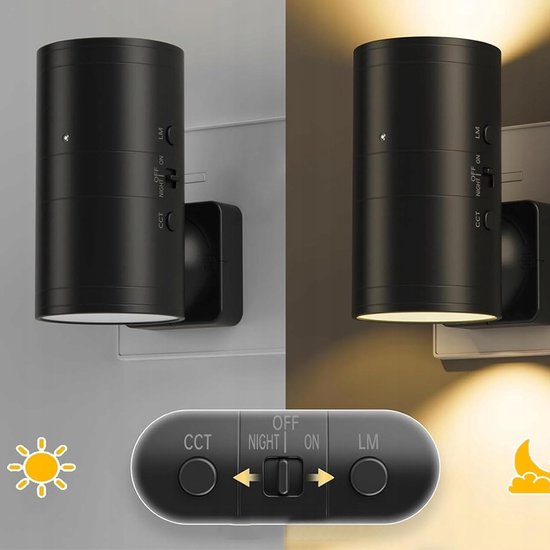 LED Nachtlamp Stopcontact - 2 Stuks Nachtlampjes met Lichtsensor - Automatisch Aan/Uit - 3 Kleurtemperaturen - Traploos Dimbaar - Draaibare Stekker - Voor Slaapkamer, Gang en Trap - Zwart — afbeelding 4