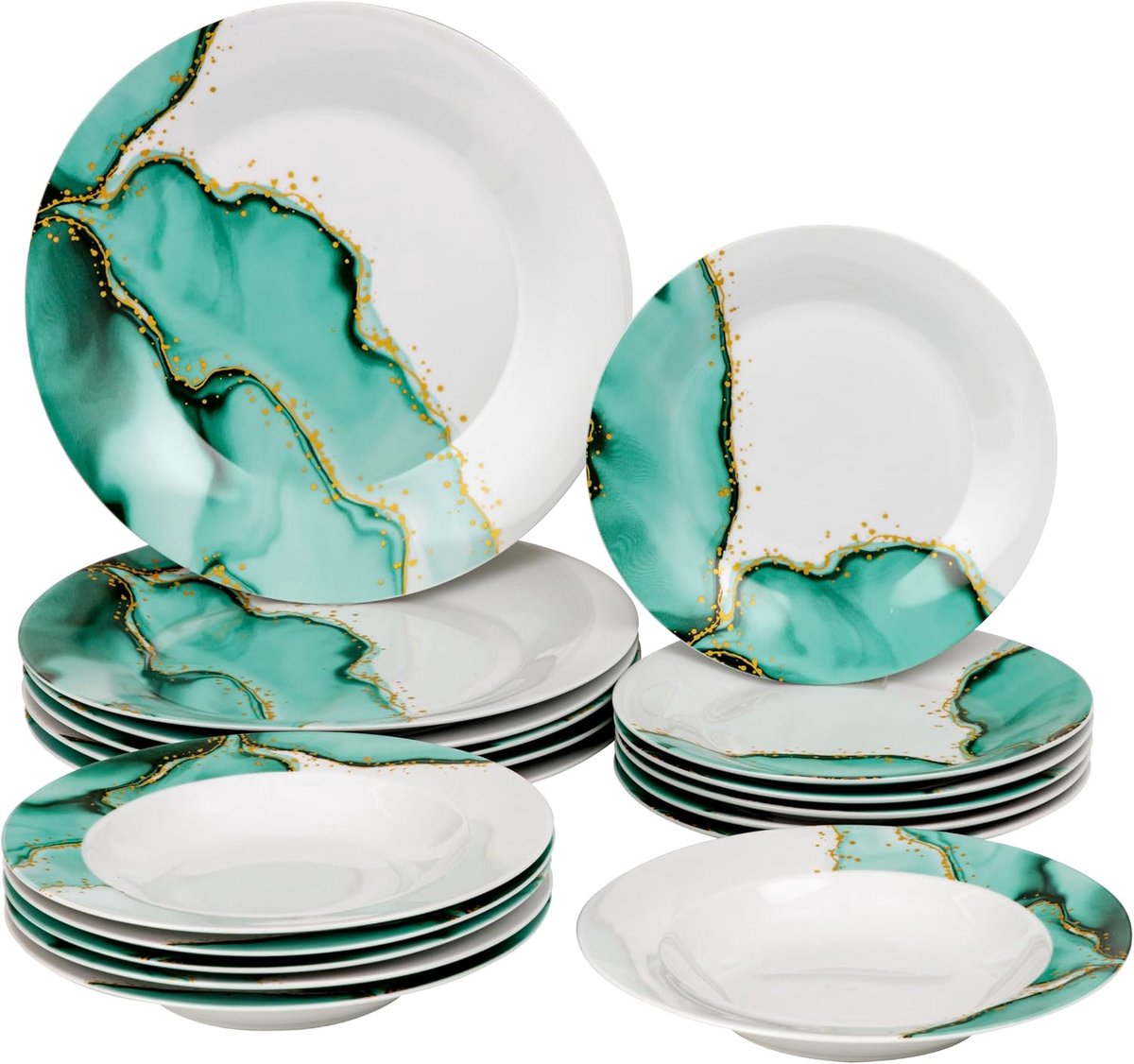 Home 18-delig porseleinen tafelservies, kleurrijke tafel voor 6 personen, soepborden, fruit- of dessertborden, marmerstijl