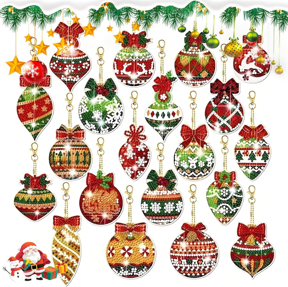 Ysister Kersthangers met diamantschilderij, verpakking met 20 stuks sleutelhangers, kabouters met diamantschilderij aan beide zijden, 5D handwerk, Kerstmis, kinderen, diamantschilderij, Kerstmis