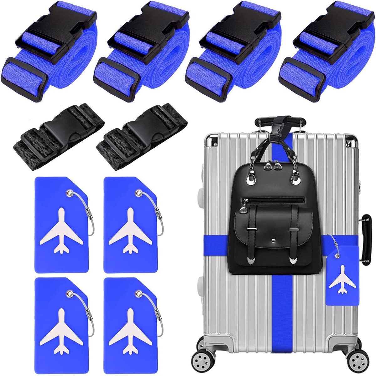 4 stuks kofferriemen, 4 stuks kofferlabels en 2 stuks riemen voor extra bagage, kofferbandriem, verstelbare kofferbanden, opvallende bagageriem voor koffer, blauw