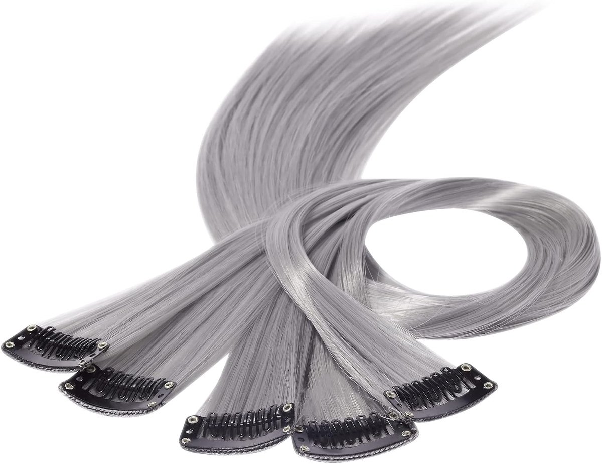 Doe-het-zelf gekleurde haarverlengingen, haarstrengen om vast te klemmen, kleurrijk om in te vlechten met haarclips, strengen clip-in extensies, haarstukje, pruik, highlights, haar voor meisjes, 50 cm, 5 stuks, grijs