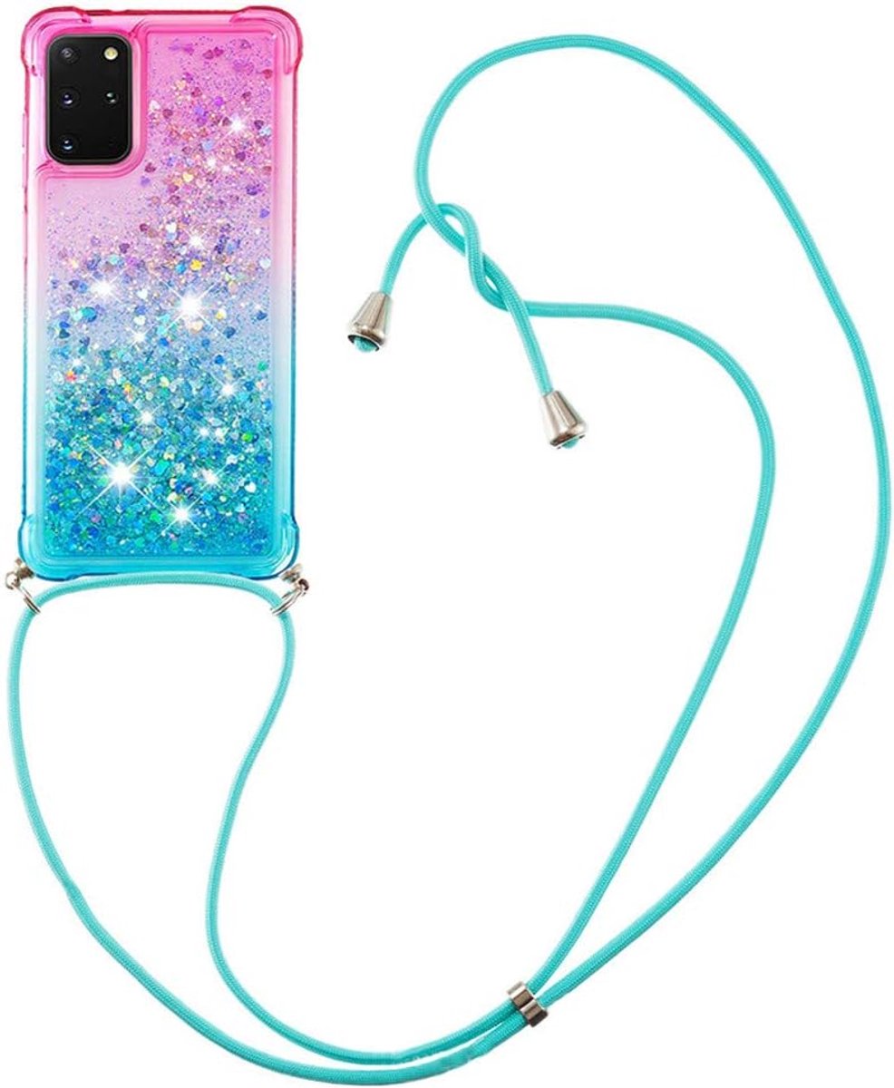 Telefoonhoesje met koord, compatibel met Samsung Galaxy A51 4G, hoes met kleurverloop, glitter, vloeibare hoes met band, ketting, beschermhoes, zacht, flexibel, transparant, TPU, stootvast