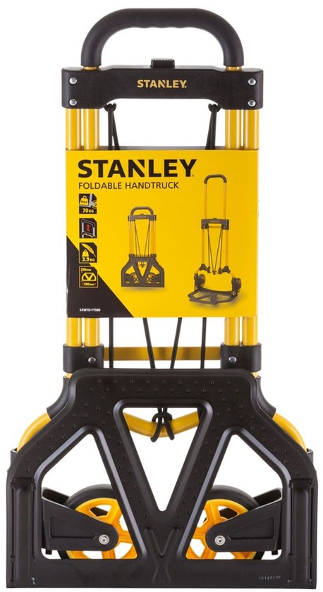 Gele steekwagen van Stanley met verpakking waarop 'Foldable Handtruck' staat.