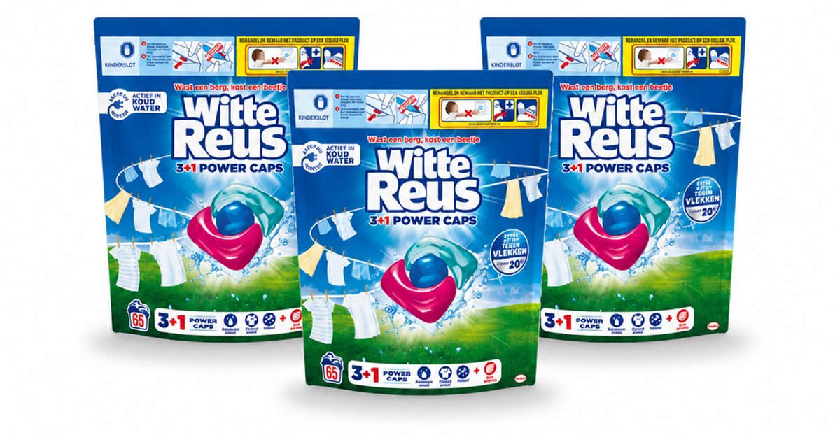 3 x Witte Reus - 3+1 Power Caps - Witte Was - 65 Wasbeurten - Voordeelverpakking - 3 stuks