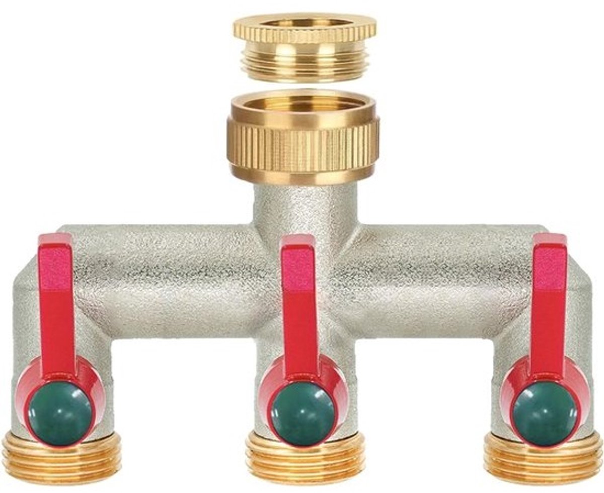 3-weg waterverdeler - 3/4 inch - voor tuinslang - Messing verbinder - voor irrigatie, keuken en waterkraan - met verlengde handgreep
