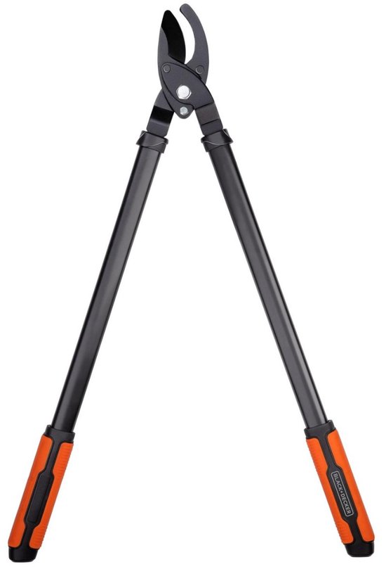 Een takkenschaar van 72 cm met zwarte, lange handvatten en oranje grips. De bladen zijn van metaal met een anti-kleeflaag.