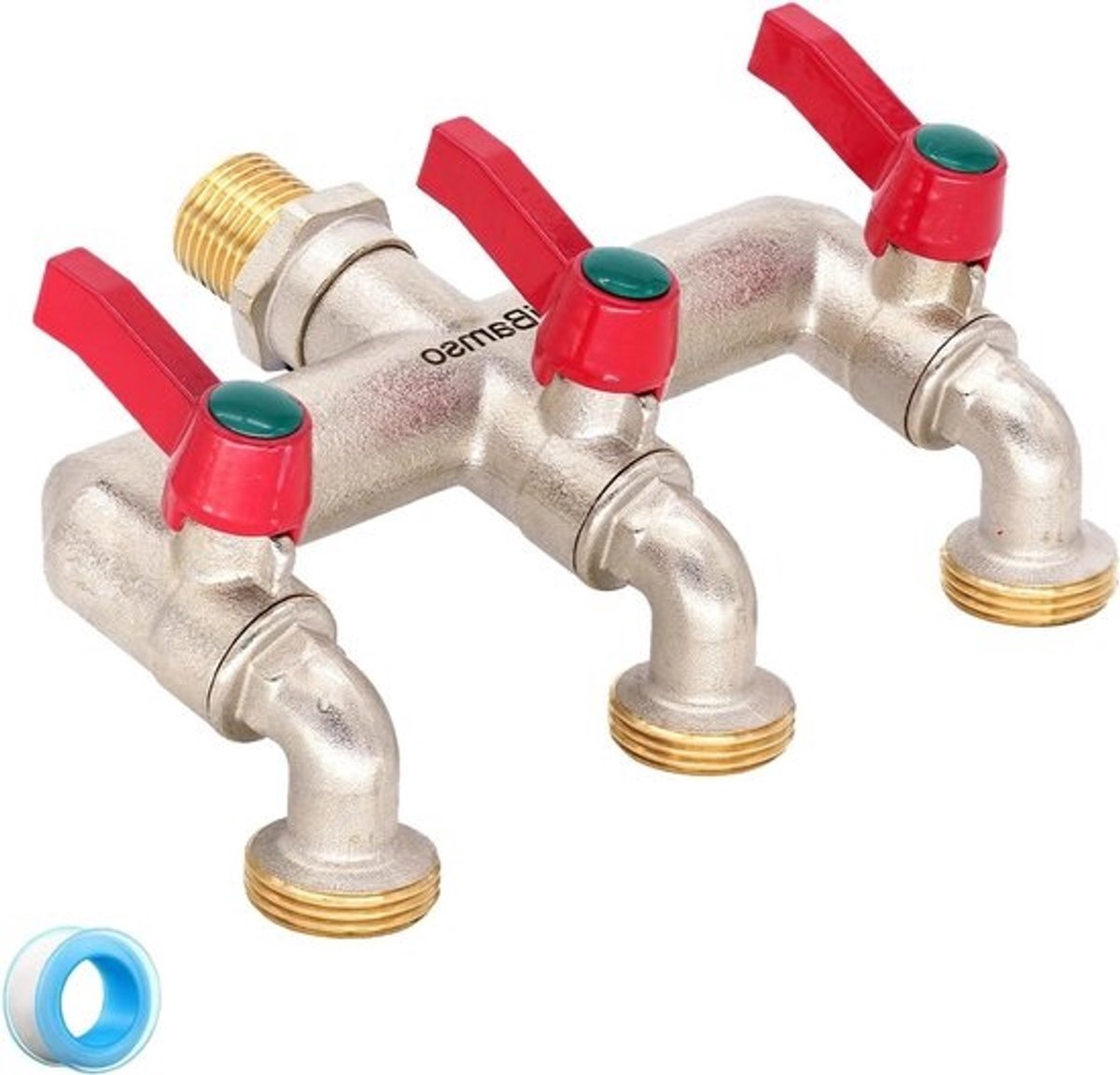 3-weg waterkraan en splitter 2-in-1 - 1/2 inch ingang en drie 3/4 inch uitgangen met ventielen