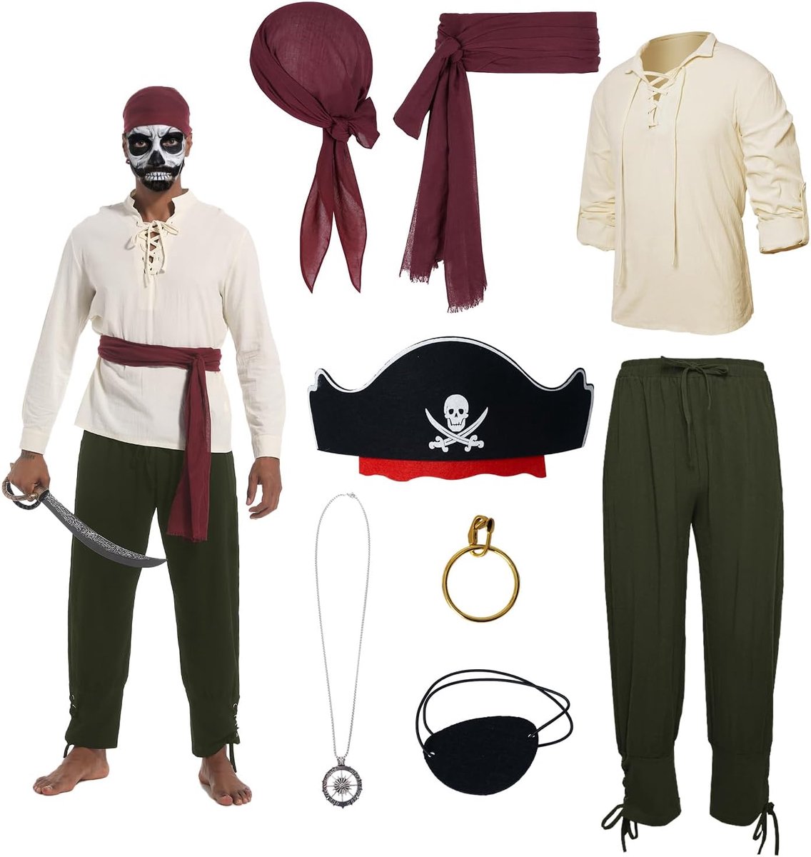 Piratenkostuum voor heren, middeleeuwse kleding voor heren, met middeleeuws hemd, broek, piratenbandana, riem, oogklep, halsketting, oorbellen, voor Halloween en carnaval