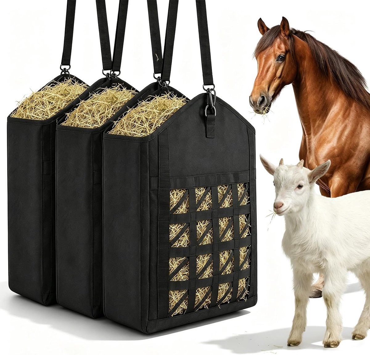 Set van 3 fijnmazig hooinet voor paarden (28 l, 600D Oxford), grote hooizak met langzame voederopname, robuust voor box, weide en transport (zwart)