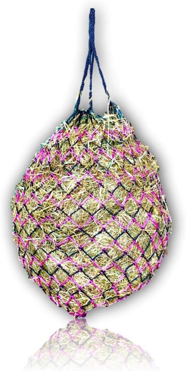 Groot hooinet voor paarden, 5 x 5 cm, mazen, op de juiste manier afgestemde voeding, verbeterde spijsvertering, hooizak voor onderweg, voor pony's, jonge paarden, geiten, 1 x zwart-roze