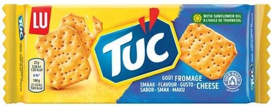 Pakje TUC kaascrakers, ovengebakken, met het LU-logo en TUC-merknaam op een geel en blauwe achtergrond.