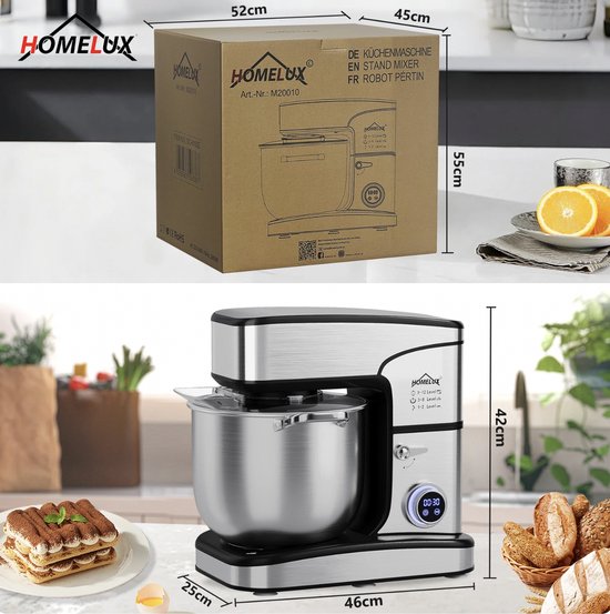 Homelux - Keukenmachine 16L XXL – 2800W Krachtige Deegmixer met LED Touchscreen – Kneedmachine met RVS Kom & 3 Opzetstukken – Professionele Mixer voor Brood, Deeg, Taart – Hamurmakinesi - Deegmachine — afbeelding 4
