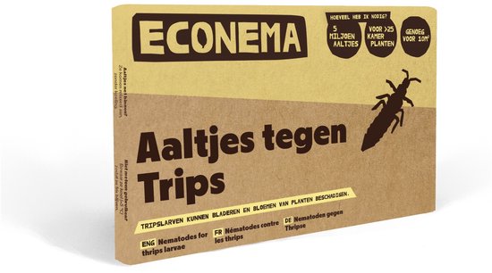 Bruine kartonnen verpakking Econema aaltjes tegen trips met bruine illustratie van een trips en instructies.