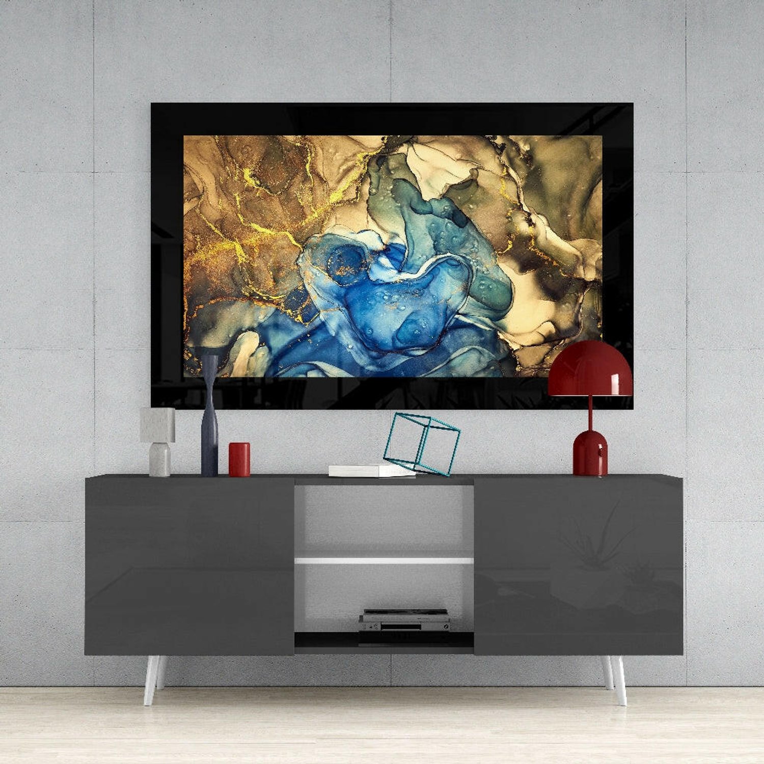 Glasschilderij – Goud en Blauw – Stijlvolle Wanddecoratie