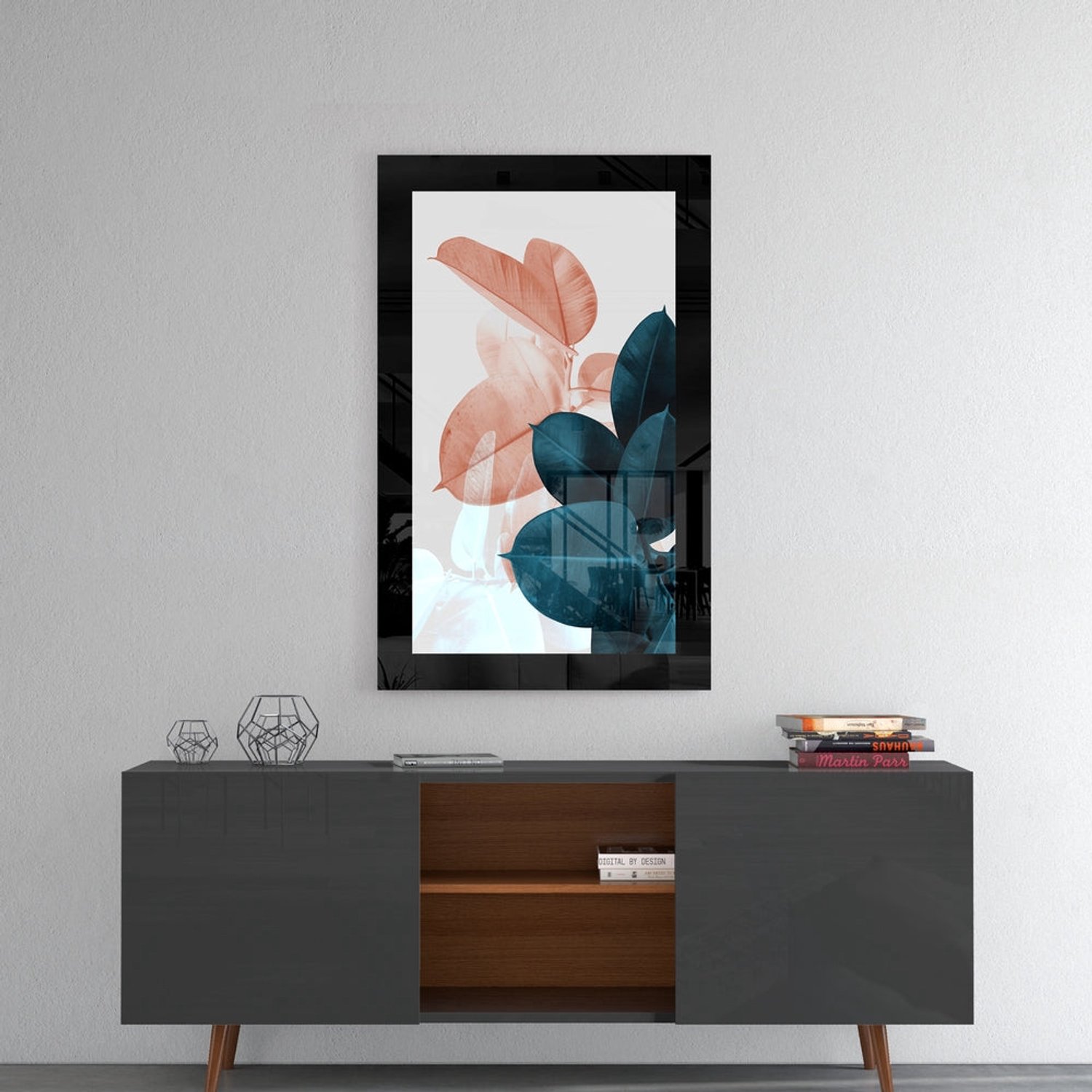 Glasschilderij – Koraalkleurige en Marineblauwe Ficusbladeren – Moderne Kunstdecoratie
