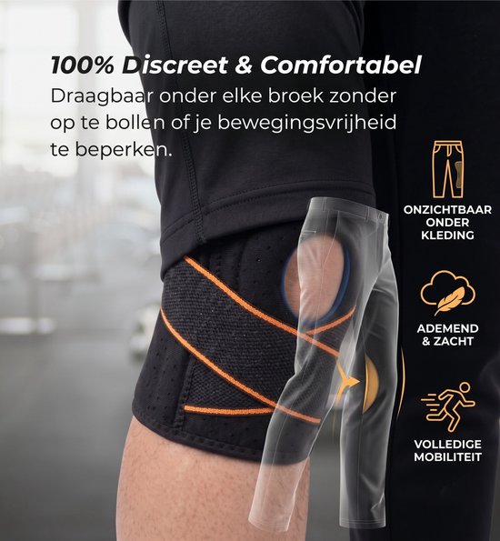 Zwarte kniebrace met oranje banden, discreet draagbaar onder een broek.