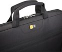Detailopname van de bovenkant van een zwarte Case Logic laptoptas met ritssluiting en merklabel.