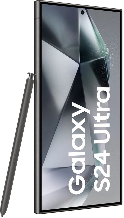 Galaxy S24 Ultra in grijs, getoond met schermtekst en styluspen aan de linkerkant.