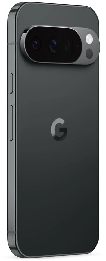 Achterzijde van een zwarte Google Pixel-smartphone met het Google G-logo en de horizontale camerabalk.