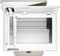 Bovenaanzicht van de geopende scannerplaat van een witte HP Envy Photo printer met beige afwerking.