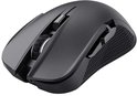 Zwarte draadloze gamingmuis met gestructureerde zijpanelen en scrollwiel.