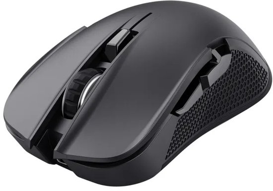Zwarte draadloze gamingmuis met gestructureerde zijpanelen en scrollwiel.