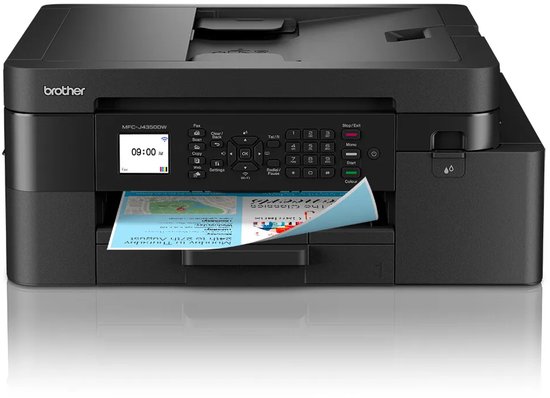 Zwarte Brother MFC-J4350DW inkjetprinter die een document met tekst en een grafiek uitwerpt.