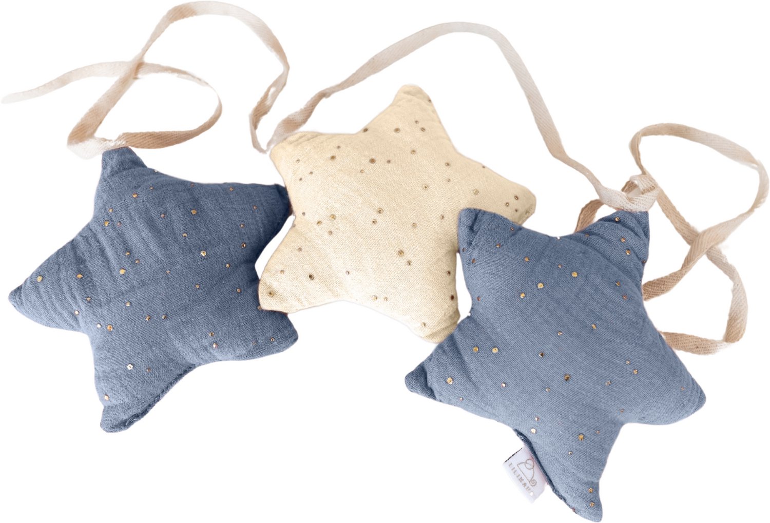 LILIMAUS Sterren slinger kinderkamer met gouden details - stoffen slinger van mousseline katoen - 300 cm - blauw en crème