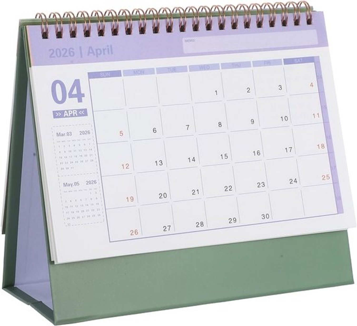 Maandkalender 2020-2025 - Staand tafelmodel - 24 maanden, juli t/m december - Compacte omklapbare planner - Groen