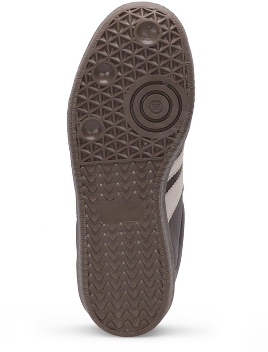Bruine rubberen buitenzool van een sneaker met geometrisch patroon en maat 37.