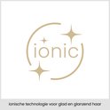 Icoon met tekst 'ionic' en sterren, voor ionische technologie voor glad en glanzend haar.