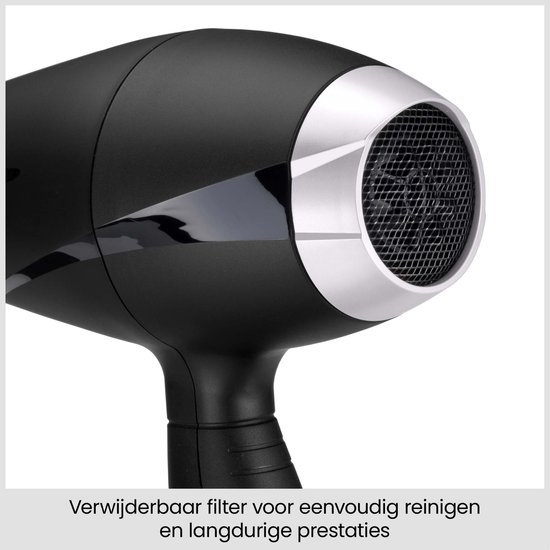Zwarte BaByliss föhn met zilveren verwijderbare filter aan de achterzijde voor eenvoudig onderhoud.