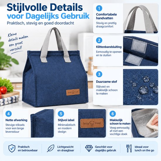 Lunchtas - Geïsoleerde Lunch Tas - Handige Draagtas voor Werk en School - Compacte Koeltas - Grote Opening met Klittenbandsluiting - 25,5 x 22,5 x 13 cm - Blauw — afbeelding 3
