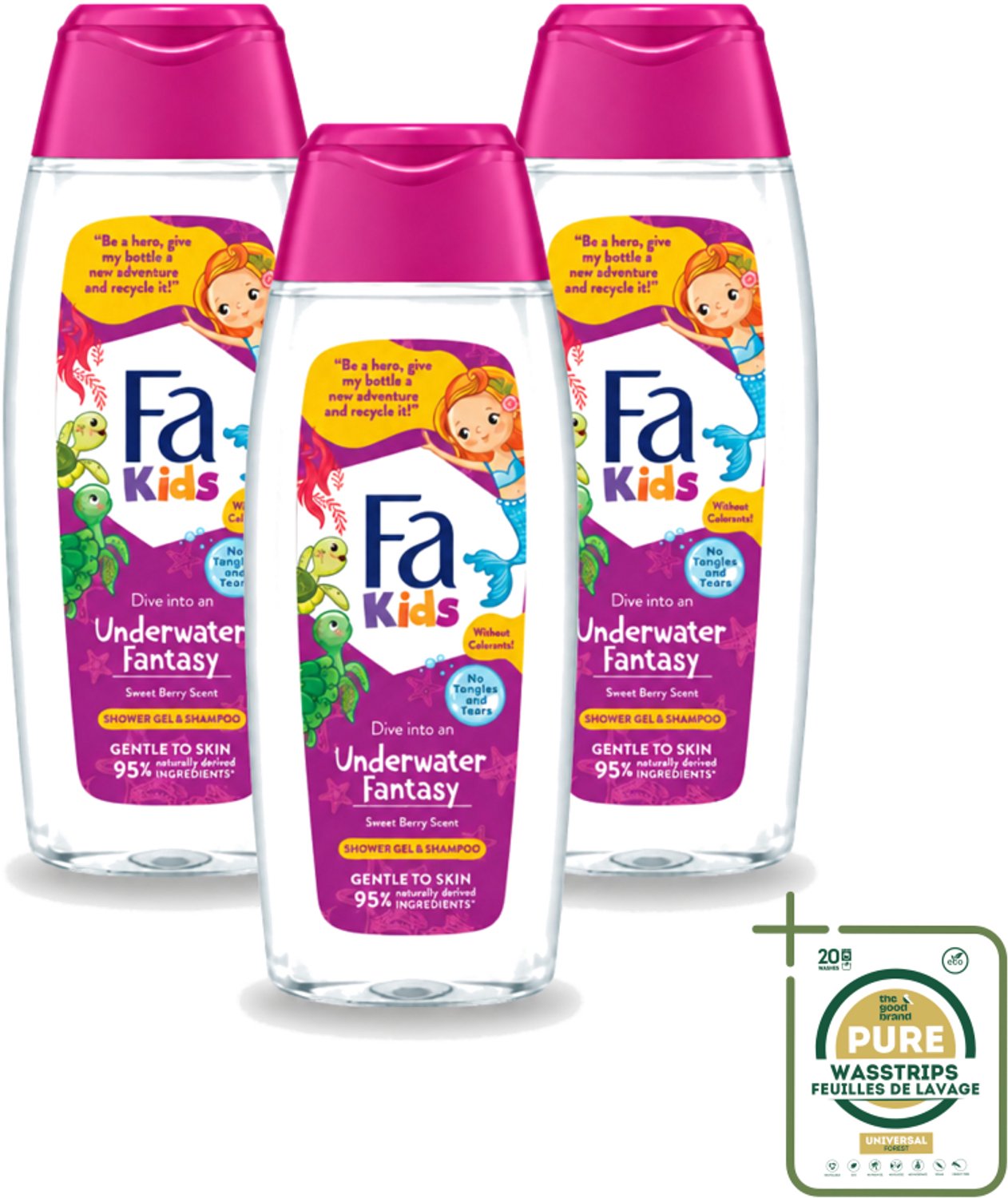 3 x Fa – Douchegel & Shampoo – Kids Underwater Fantasy – 250 ml - Wasstrips - Douchegel Voor Kinderen - Shampoo Voor Kinderen - Kinderhuid Reinigen - Kinderhaar Reinigen - Milde Douchegel