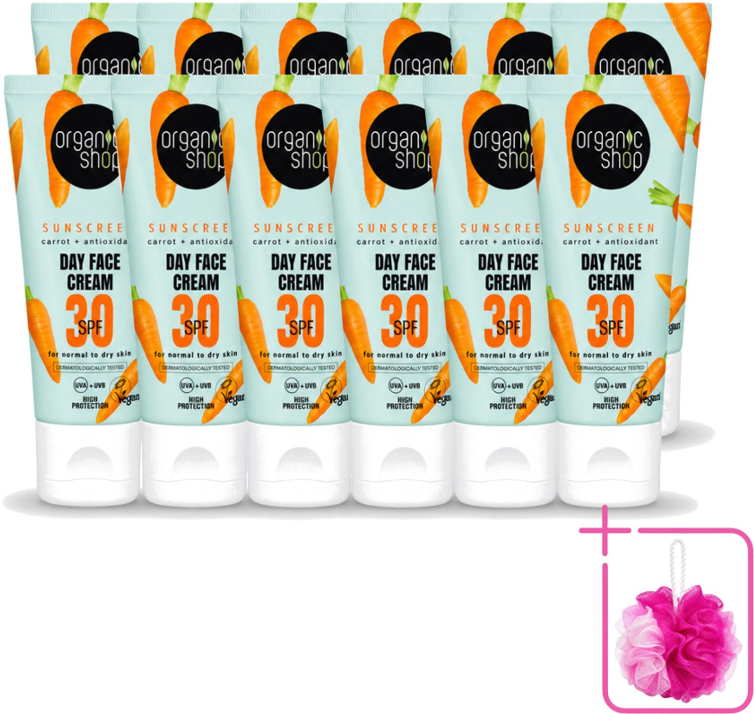 12 x Organic Shop - Zonnebrandcrème Gezicht SPF 30 - Normale Huid - 50 ml - Bulkverpakking - Zonbescherming - Douchemop - Gezichtscreme