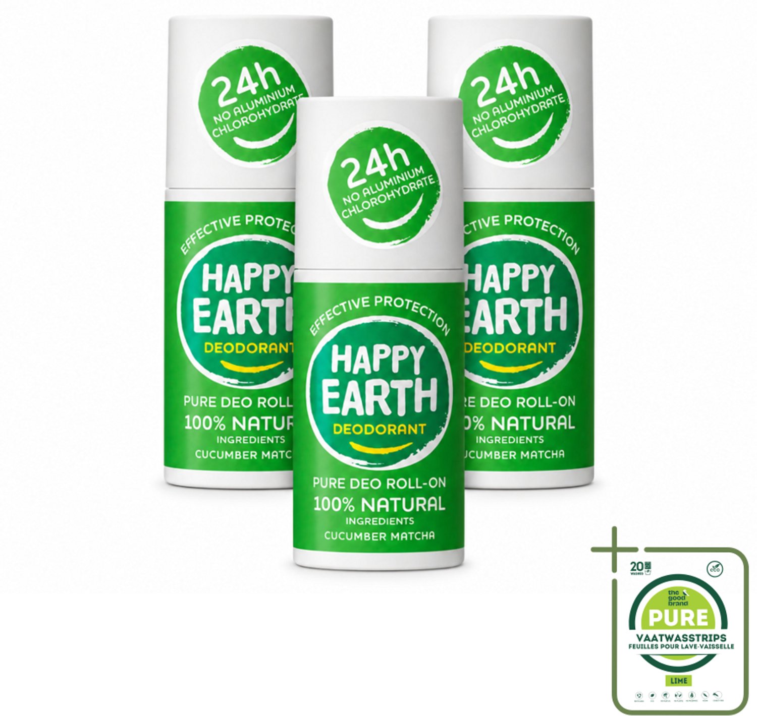3 x Happy Earth – Deodorant Roll-On – 100% Natuurlijk Cucumber Matcha – 75 ml - Grootverpakking - Deodorant - Fris - Natuurlijk - Huidvriendelijk - Komkommer