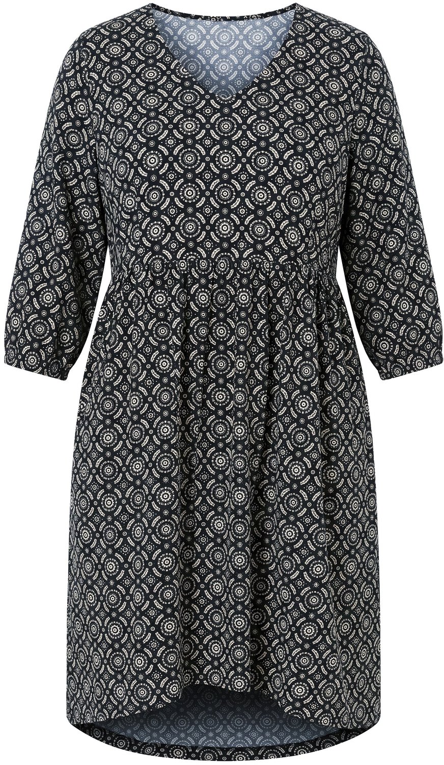 Ulla Popken - Dames - Jurk met print A-lijn V-hals 3/4-mouwen - Zwart - Maat 50+