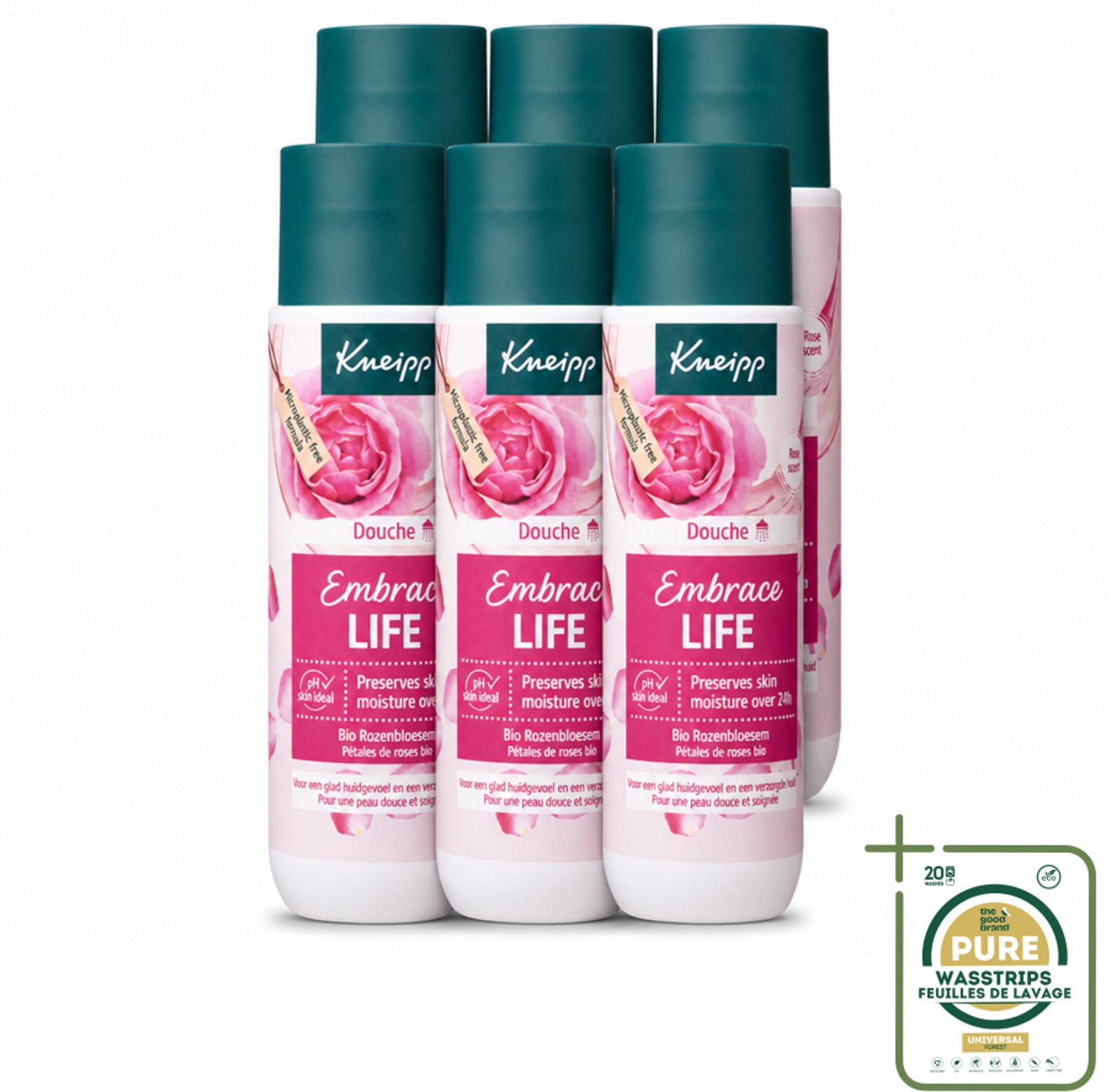 6 x Kneipp - Douchegel - Embrace Life - 200 ml - Wasstrips - Douchegel Vrouwelijk - Roze Geur - Hydraterende Douchegel - Zachte Douchegel - Douchegel Voor Gevoelige Huid