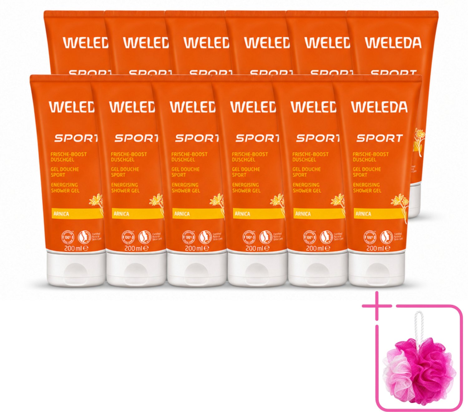 12 x WELEDA - Douchegel Sport - Arnica - 200 ml - Bulkverpakking - Sportdouchegel - Douchemop - Herstel