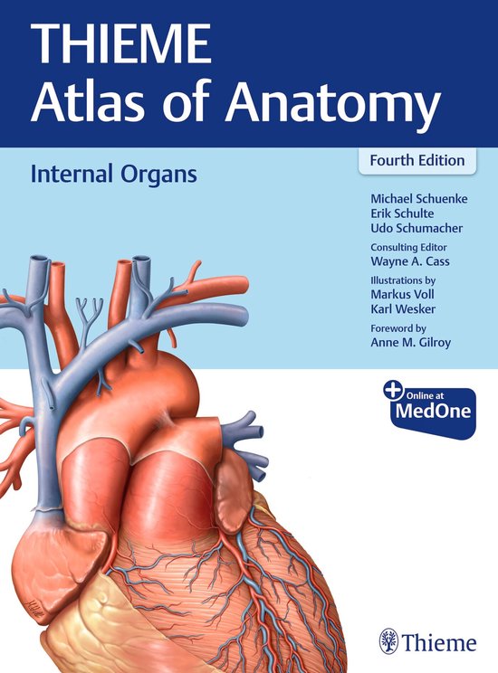 Boekomslag Thieme Atlas of Anatomy, Vierde editie, met een gedetailleerde medische illustratie van een menselijk hart.
