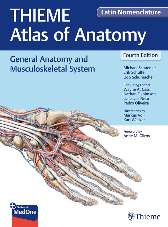 Boekomslag van Thieme Atlas of Anatomy met een gedetailleerde medische illustratie van de menselijke hand en spieren.
