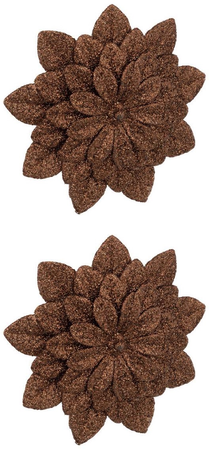 Feeric lights & Christmas Set van 2 bruine plastic kerstbloemen van 12 cm Marron