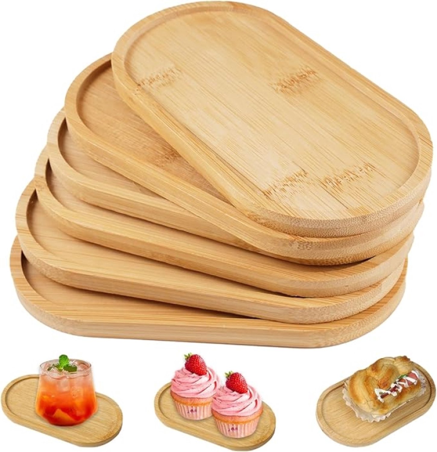 Set van 6 Mini Dienbladen van Bamboe – Ovale Houten Dienbladetjes voor Thee, Koffie en Kleine Snacks – 17,5 x 8,8 cm