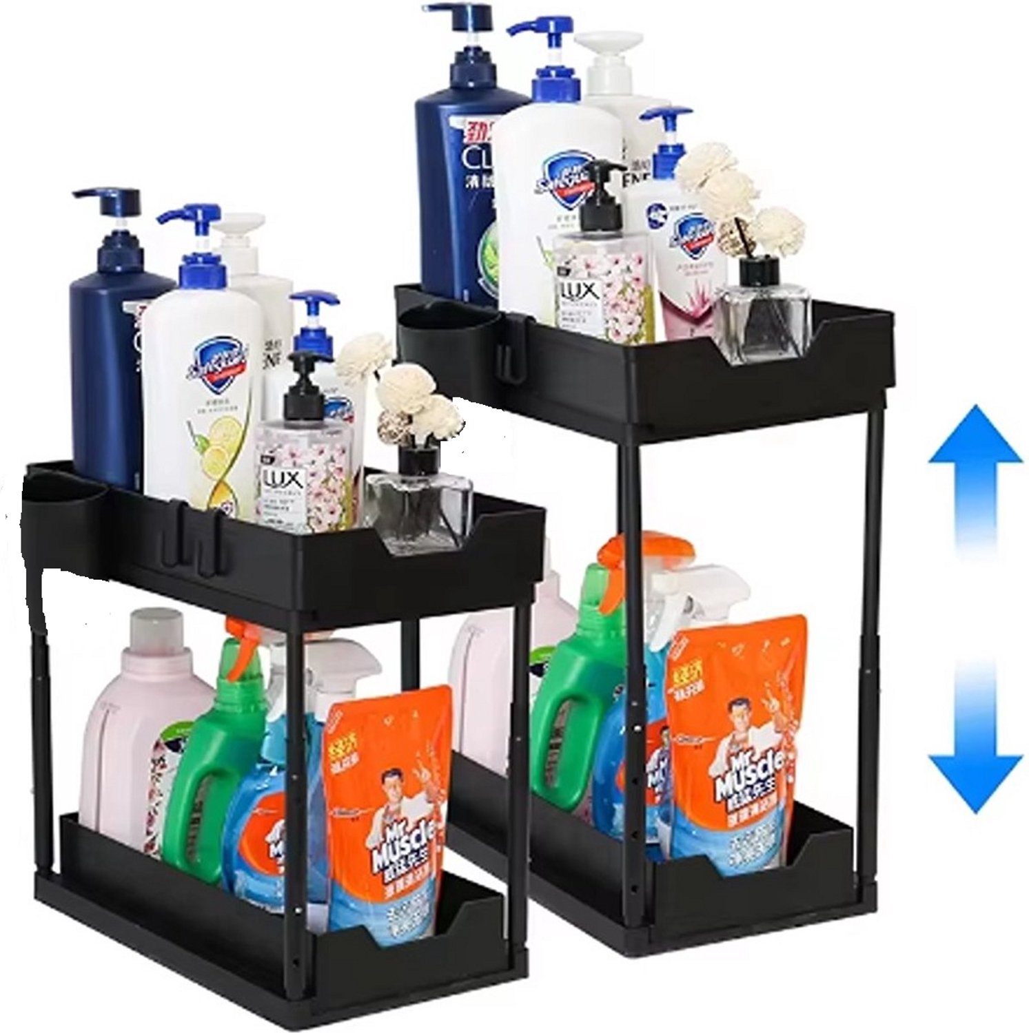 Joyage Keukenkast Organizer - In hoogte verstelbaar - Schuiflade Keukenkast - Aanrecht Organiser – Keuken Organizers - Kast Organizer - Kitchen Organizer Lade Organizer - Zwart - Under sink Organizer - Gootsteenkast Organizer - Badkamer Organizer