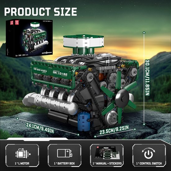 Gedetailleerd V8 tankmotor model in groen en zilver, met afmetingen en inclusief 1 motor, 1 batterijbox, 1 handleiding en 1 schakelaar.