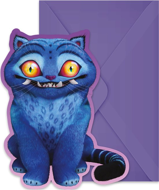 Uitnodiging in de vorm van een blauwe kat met grote gele ogen, scherpe tanden en een bijpassende paarse envelop.