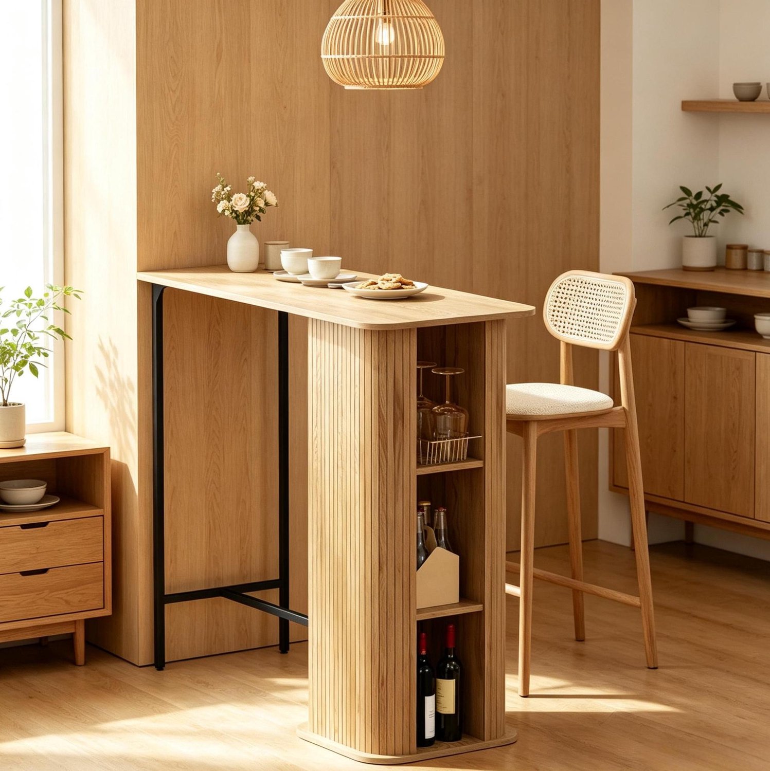 CHICFURN Bartafel 112 cm - 3 open opbergvakken - Verstelbare metalen poten - Keuken en koffiehoek - MDF, spaanplaat en metaal - Houtkleur en zwart Eiken